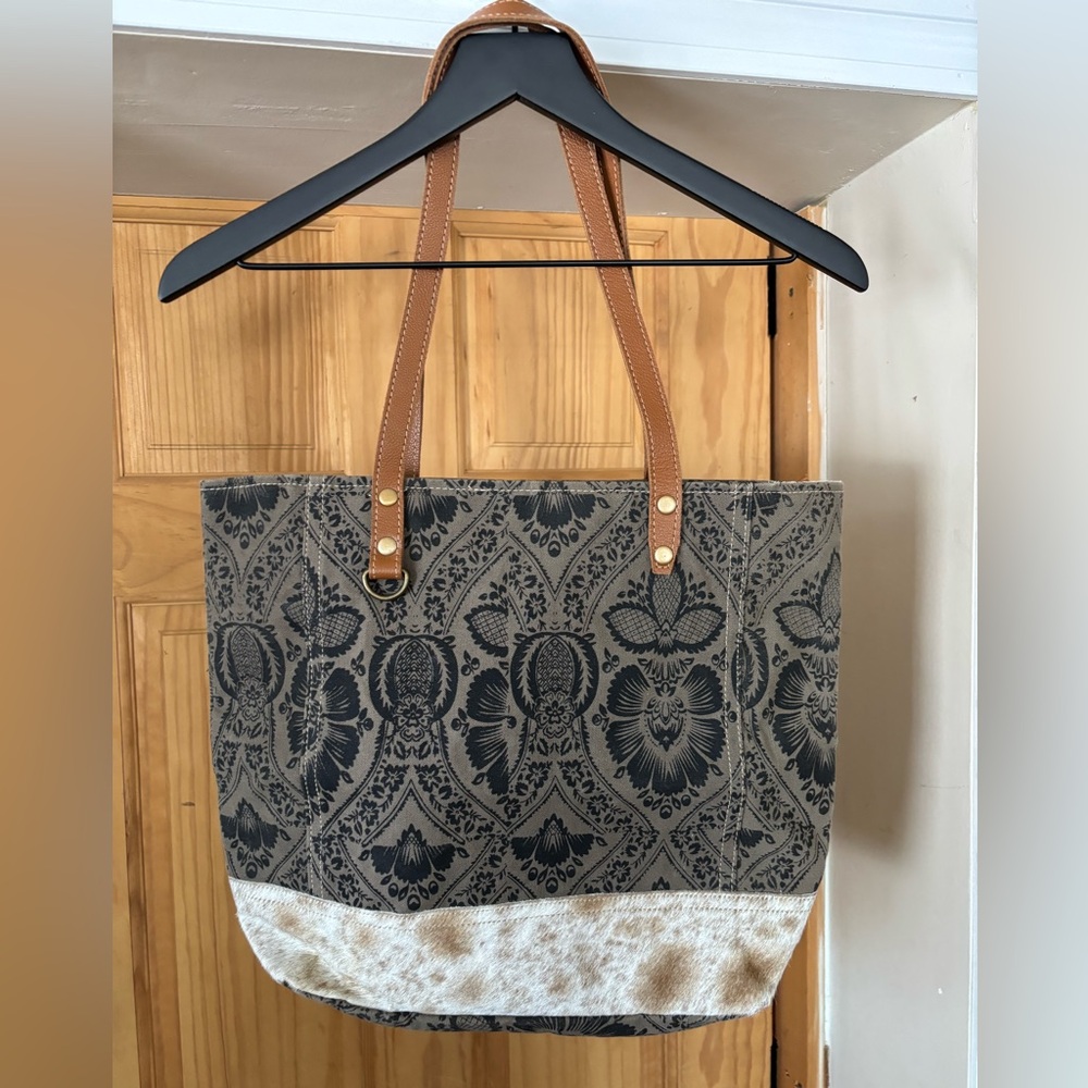 Myra Bag Grey & Blue Patterned Tote with Hair-On Trim - Picture 14 of 15